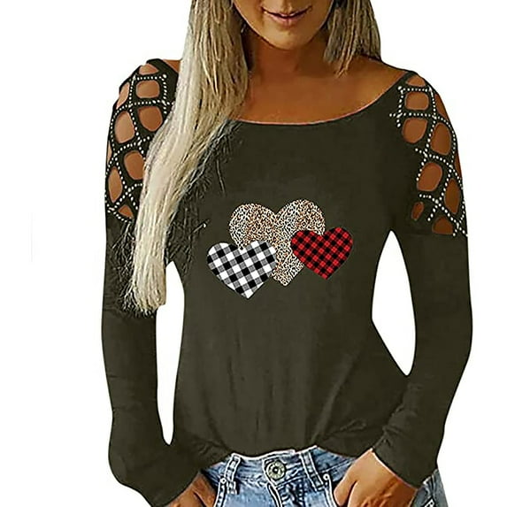 Lenago Women's Tops Sexy Off Shoulder Valentine's Day Printed Long Sleeve Hot Drilling Hollow Out Round Neck T-shirt Blouse S-2XL