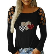 Lenago Womens Tops Sexy Off Shoulder Valentines Day Printed Long Sleeve Hot Drilling Hollow Out Round Neck T-shirt Blouse S-2XL