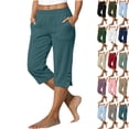 thumbnail image 1 of Lenago Womens Capri Pants Linen Blend High Waisted Casual Shorts Straight Leg Elastic Waist Solid Color Summer Shorts with Pockets, 1 of 7