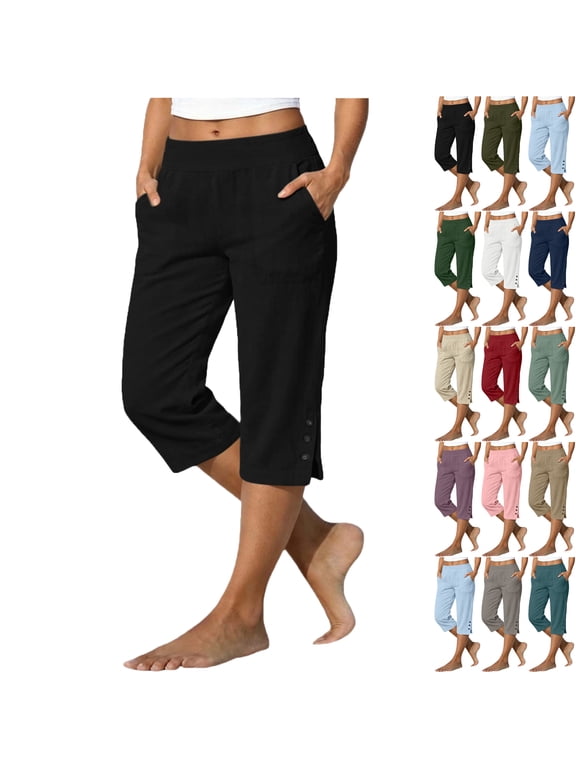 Womens Capri Pants Linen Blend High Waisted Casual Shorts Straight Leg Elastic Waist Solid Color Summer Shorts with Pockets
