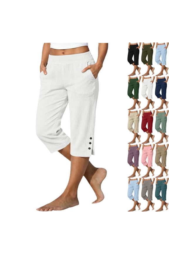 Womens Capri Pants Linen Blend High Waisted Casual Shorts Straight Leg Elastic Waist Solid Color Summer Shorts with Pockets