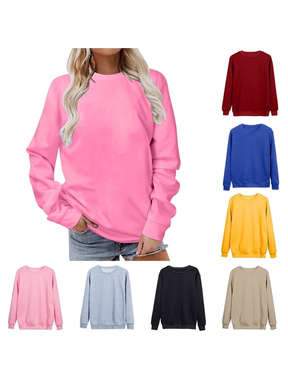 Womens Casual Hoodies Pullover Tops Long Sleeves Casual Shirts Color Round Neck Sweatshirt Crewneck Pullover Tunic Tops Fall Winter Outfits Clothes