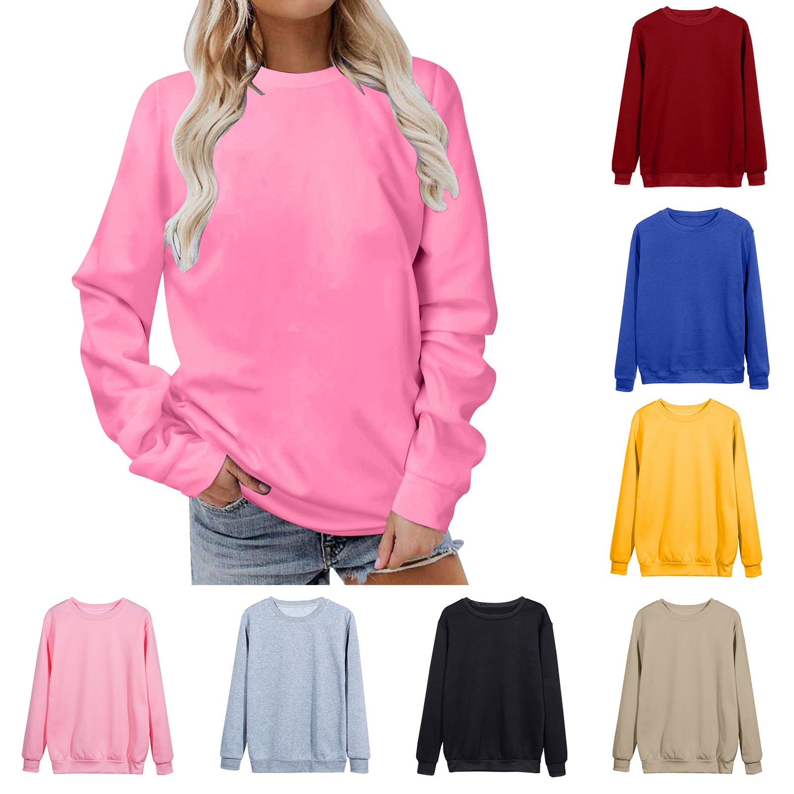 Womens Casual Hoodies Pullover Tops Long Sleeves Casual Shirts Color Round Neck Sweatshirt Crewneck Pullover Tunic Tops Fall Winter Outfits Clothes