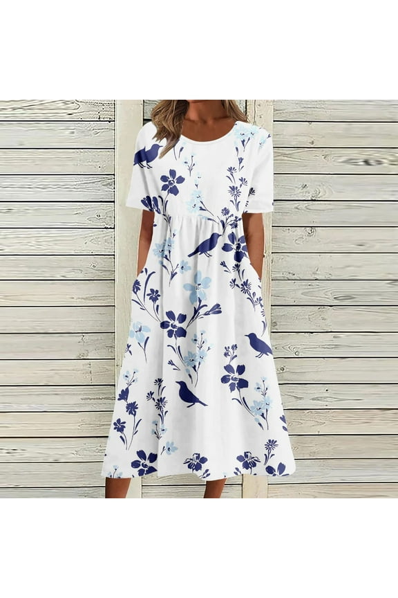 Womens Dresses Fashion Summer Printing Causal Round Neck Short Sleeve Vacation Pockets Dress Casual Dresses S-2XL