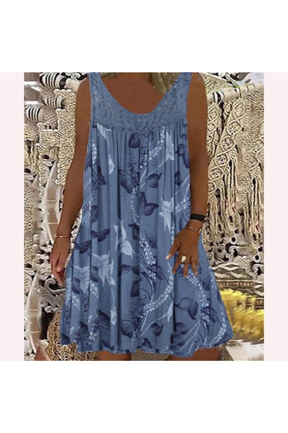 Womens Dresses Spring/Summer Round Neck Lace Patchwork Printed Loose Sleeveless Dress Casual Dresses S-5XL