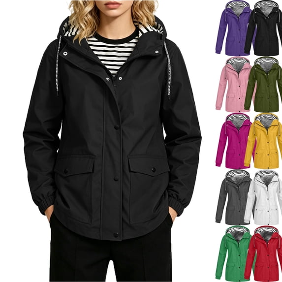 Lenago Womens Hooded Raincoat Lightweight Fit Plus Size Solid Color Waterproof Dressy Zip up Rain Jacket Windbreaker with Pockets