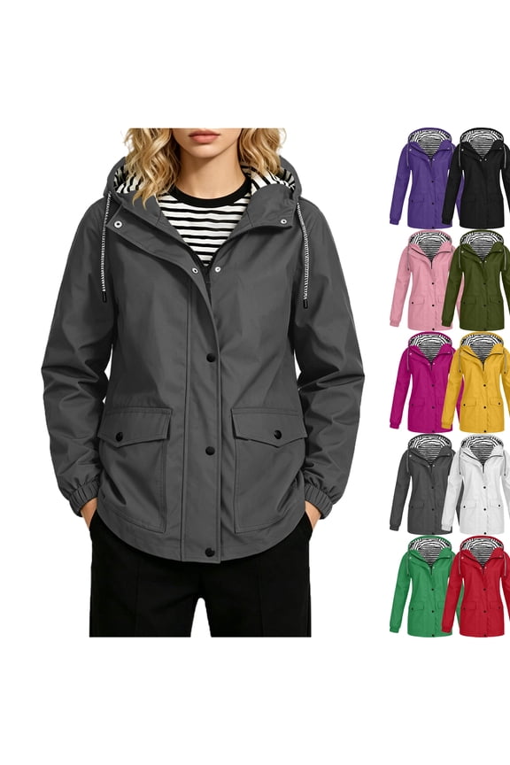 Womens Hooded Raincoat Lightweight Fit Plus Size Solid Color Waterproof Dressy Zip up Rain Jacket Windbreaker with Pockets