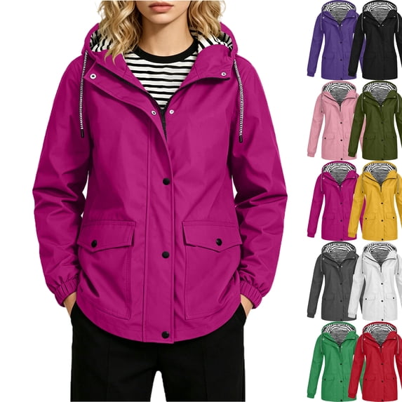Lenago Womens Hooded Raincoat Lightweight Fit Plus Size Solid Color Waterproof Dressy Zip up Rain Jacket Windbreaker with Pockets