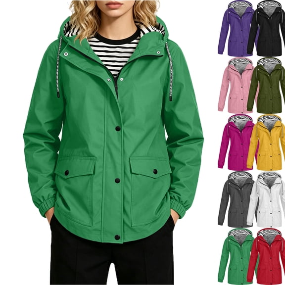 Lenago Womens Hooded Raincoat Lightweight Fit Plus Size Solid Color Waterproof Dressy Zip up Rain Jacket Windbreaker with Pockets