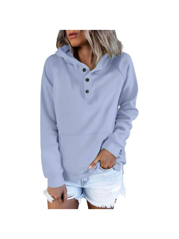 Womens Hoodies Winter Long Sleeve Button Collar Drawstring Pullover Tops Sweatshirt