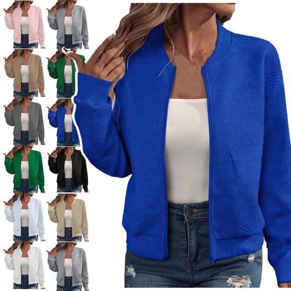 Lenago Womens Jackets Zip Up Sweatshirts Jackets Loose Long Sleeved With Zipper Jacket Casual Coarse Knitted Baseball Jacket Loose Lightweight Outwear With Pockets Jackets for Women