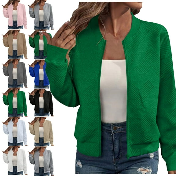 Lenago Womens Jackets Zip Up Sweatshirts Jackets Loose Long Sleeved With Zipper Jacket Casual Coarse Knitted Baseball Jacket Loose Lightweight Outwear With Pockets Jackets for Women