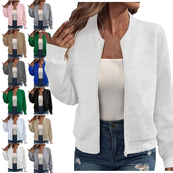 Lenago Womens Jackets Zip Up Sweatshirts Jackets Loose Long Sleeved With Zipper Jacket Casual Coarse Knitted Baseball Jacket Loose Lightweight Outwear With Pockets Jackets for Women