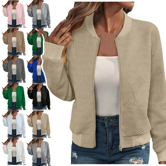 Lenago Womens Jackets Zip Up Sweatshirts Jackets Loose Long Sleeved With Zipper Jacket Casual Coarse Knitted Baseball Jacket Loose Lightweight Outwear With Pockets Jackets for Women