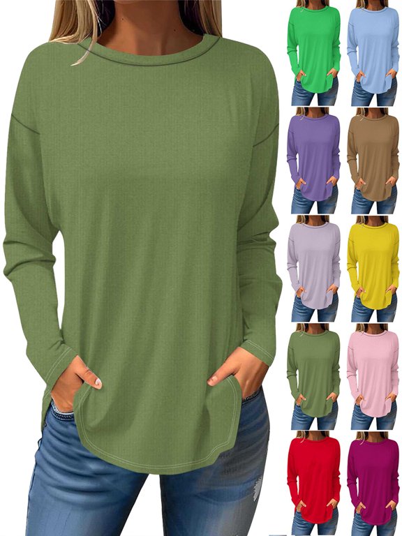 Womens Long Sleeve Round Neck Solid Color Shirts Basic Loose Tunic Tops To Wear With Leggings Army Green S