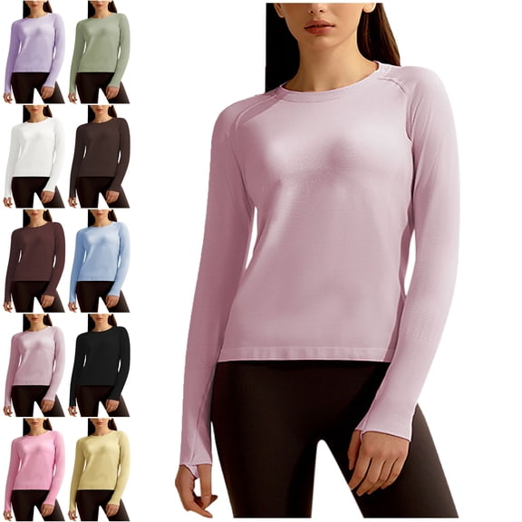 Lenago Womens Long Sleeve Shirts Solid Color Fashion Crew Neck Tops Summer Loose Long Sleeve Round Neck Comfy Regular Shirts Basic Tee Fall Fashion Clothes Trendy Outfits for Women