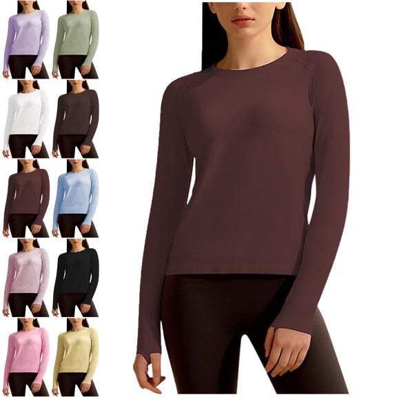 Lenago Womens Long Sleeve Shirts Solid Color Fashion Crew Neck Tops Summer Loose Long Sleeve Round Neck Comfy Regular Shirts Basic Tee Fall Fashion Clothes Trendy Outfits for Women