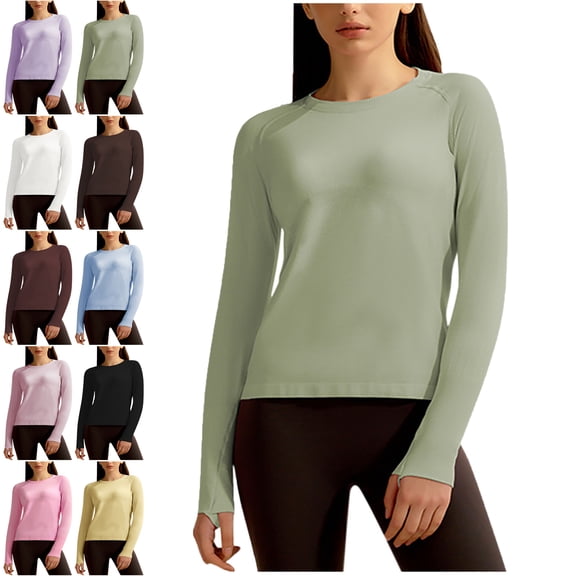 Lenago Womens Long Sleeve Shirts Solid Color Fashion Crew Neck Tops Summer Loose Long Sleeve Round Neck Comfy Regular Shirts Basic Tee Fall Fashion Clothes Trendy Outfits for Women