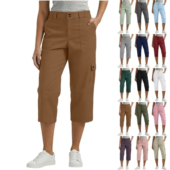 Lenago Womens Pants Elastic Waist Capri Pants with Pockets, Loose Casual Summer Cropped Trousers for Daily Wear