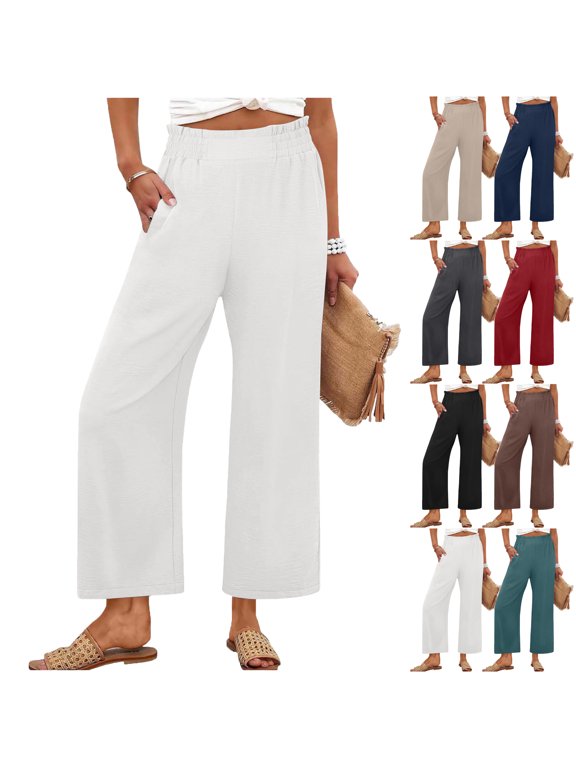 Womens Pants Summer Solid Color Loose Straight Leg Pants With Pockets Ruffles and Pleats Pants for Womens