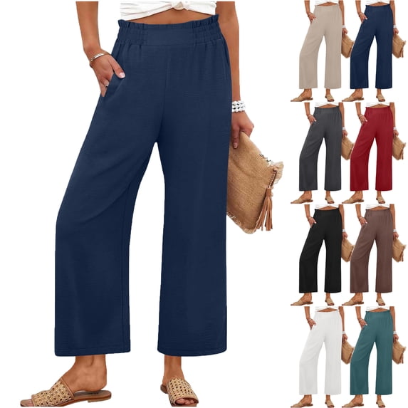 Lenago Womens Pants Summer Solid Color Loose Straight Leg Pants With Pockets Ruffles and Pleats Pants for Womens