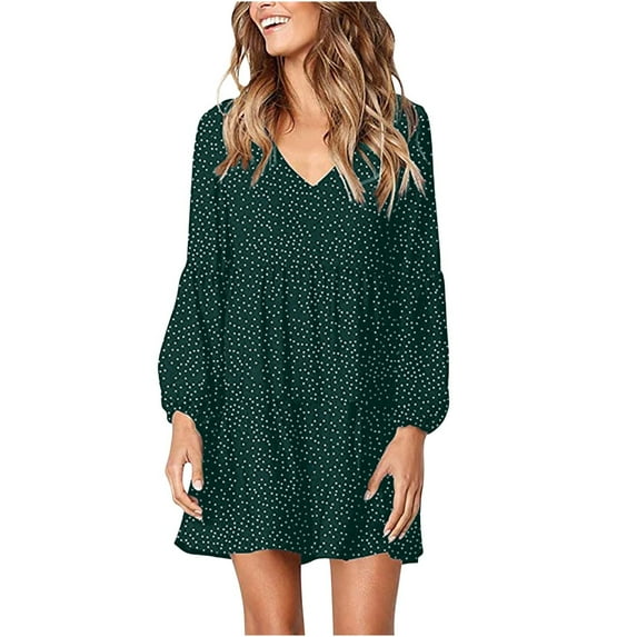 Lenago Womens Plus Size Maxi Dress Plus Size Fashionable Long Sleeved Polka Ruffle Hem Loose Casual Style Dress Beach Party Dress