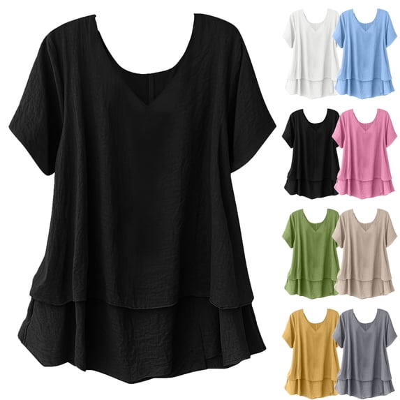 Lenago Womens Shirts Casual Linen Solid Color V Neck Top Short Sleeve Button Tunic T-shirt Summer Shirt Collared Blouse