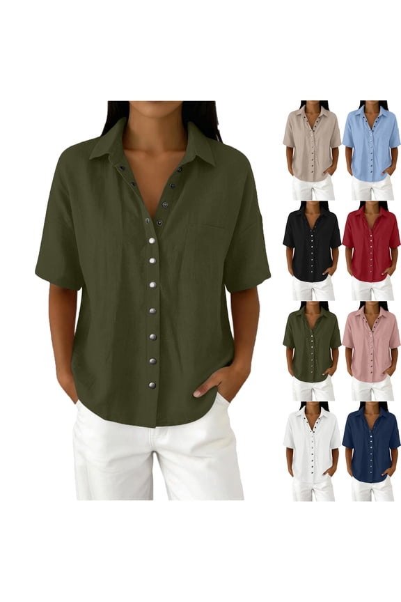Womens Shirts Cotton Linen Button Down Short Sleeve Shirts Loose Fit Solid Color Casual Summer Blouses with Chest Pockets Flared Open Front Short Sleeve Button-Up V-Neck Pocket Top