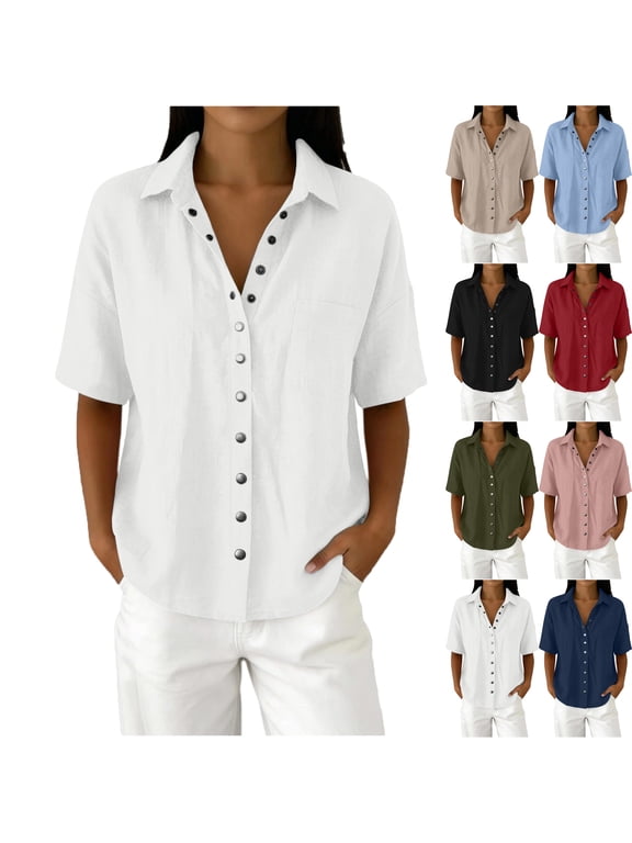 Womens Shirts Cotton Linen Button Down Short Sleeve Shirts Loose Fit Solid Color Casual Summer Blouses with Chest Pockets Flared Open Front Short Sleeve Button-Up V-Neck Pocket Top