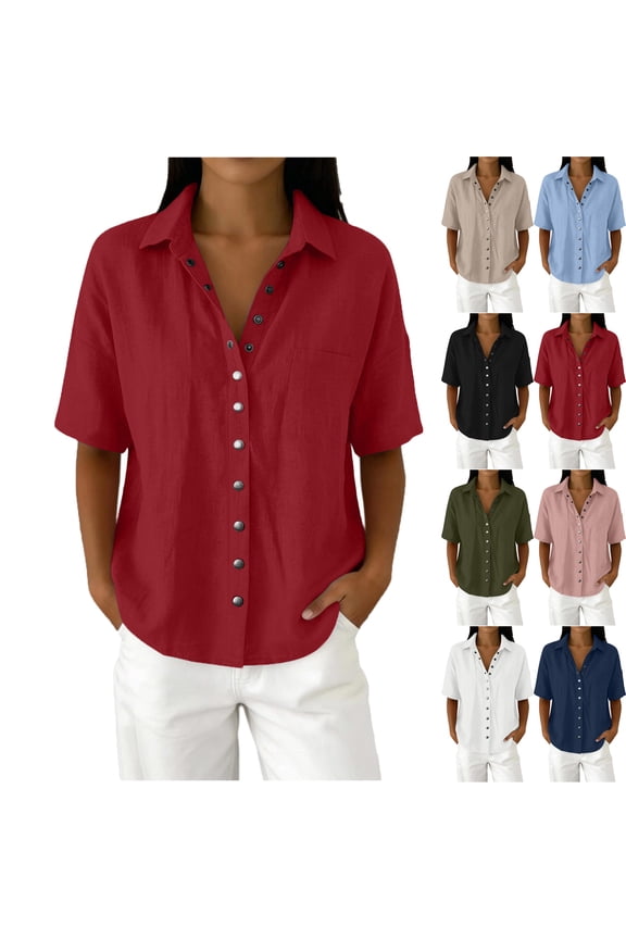 Womens Shirts Cotton Linen Button Down Short Sleeve Shirts Loose Fit Solid Color Casual Summer Blouses with Chest Pockets Flared Open Front Short Sleeve Button-Up V-Neck Pocket Top