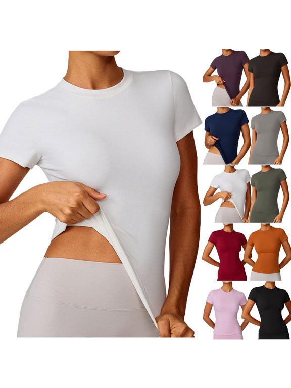 Womens Shirts Summer Solid Color Blouses Round Neck Short Sleeve Casual Shirts Top Basic Workout Clothes