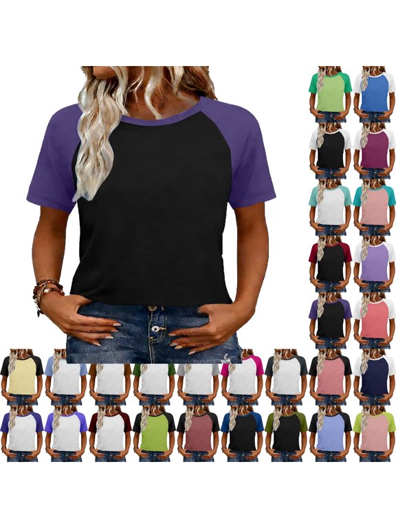 Womens Shirts Summer Tops Color Block Short Sleeve Shirts Spring Fashion Clothes Vacation Outfits