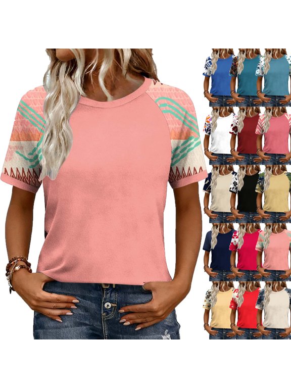 Womens Shirts Summer Tops Print Block Short Sleeve Shirts Spring Fashion Clothes Vacation Outfits