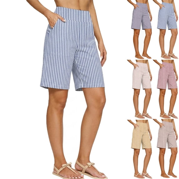 Lenago Womens Shorts Blend High Waist Shorts Loose Fit Solid Color Lightweight Summer Casual Shorts with Pockets Loose Striped High-Waisted Five-Foot Shorts