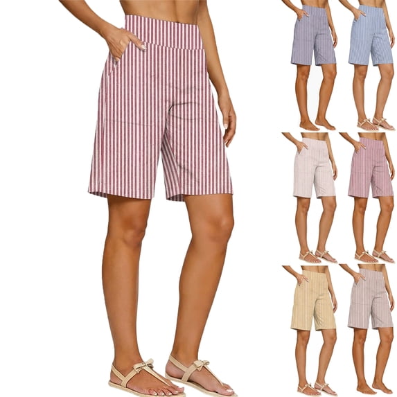 Lenago Womens Shorts Blend High Waist Shorts Loose Fit Solid Color Lightweight Summer Casual Shorts with Pockets Loose Striped High-Waisted Five-Foot Shorts