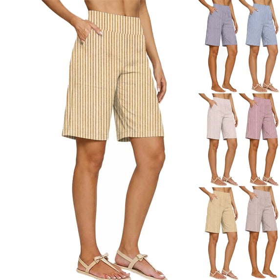 Lenago Womens Shorts Blend High Waist Shorts Loose Fit Solid Color Lightweight Summer Casual Shorts with Pockets Loose Striped High-Waisted Five-Foot Shorts