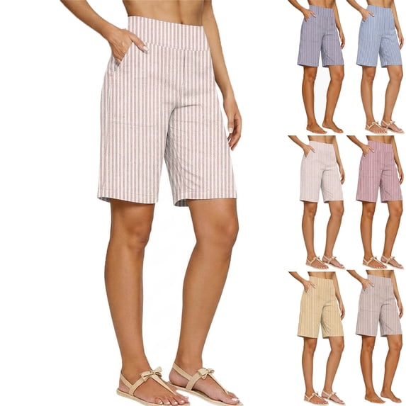 Lenago Womens Shorts Blend High Waist Shorts Loose Fit Solid Color Lightweight Summer Casual Shorts with Pockets Loose Striped High-Waisted Five-Foot Shorts