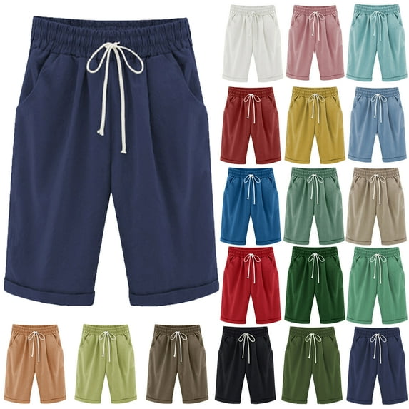 Lenago Womens Shorts Summer Plus Size Solid Five Points Large Size Cotton Linen Shorts with Pockets Casual Pants M