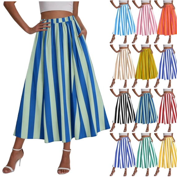 Lenago Womens Skirts Spring and Summer Striped High-waisted Ankle-length Skirt A-line Elastic Waist Flowing Skirt Beach Vacation Skirt