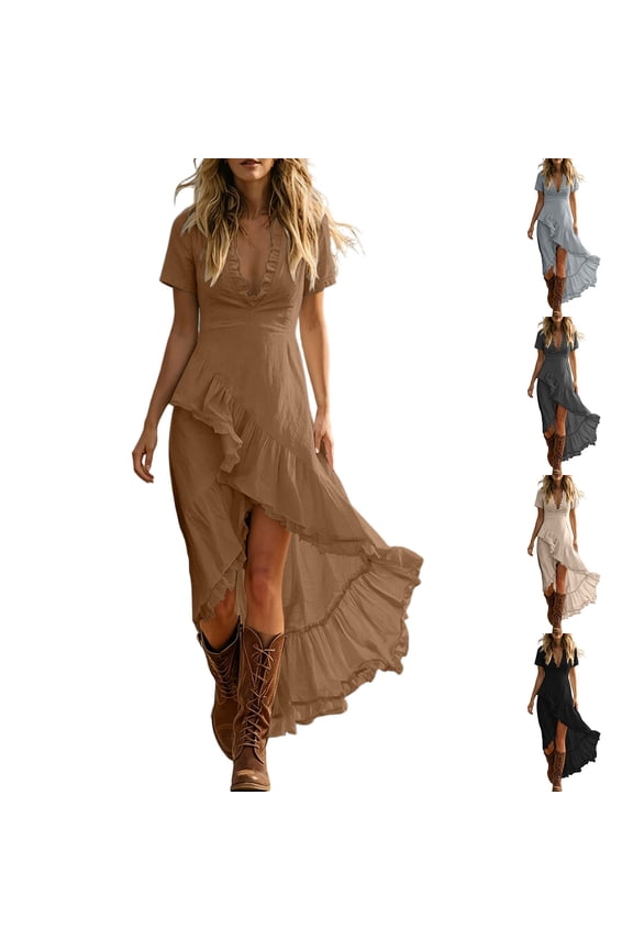 Womens Summer Casual Mini Dresses Women's V-Neck Short-Sleeve Dress With Irregular Hem And Ruffle Black Xl