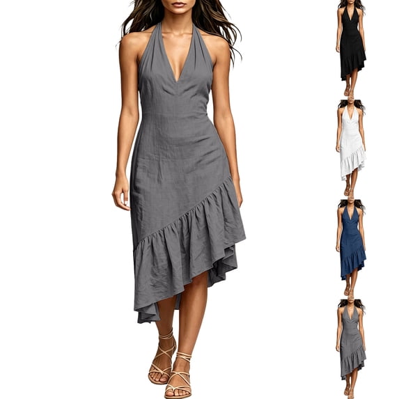 Lenago Womens Summer Dresses 2026 Women's Fashion Crewneck Loose Half Sleeve Solid Knee-Length Dress Dark Gray Xxl