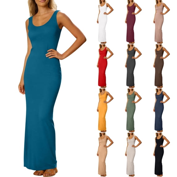 Lenago Womens Summer Dresses 2026 Women's Solid Color Sleeveless Long Round Neck Dress for Summer Sky Blue L