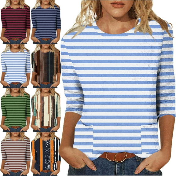 Lenago Womens Summer Tops 3/4 Sleeves Stripes Crew Neck T Shirt Fashion Loose Comfort Mid-Length Blouse Round Neck Casual Tops Vacation Everyday Costume Going,Beach,Shopping Shirt For Women (US:4-12)