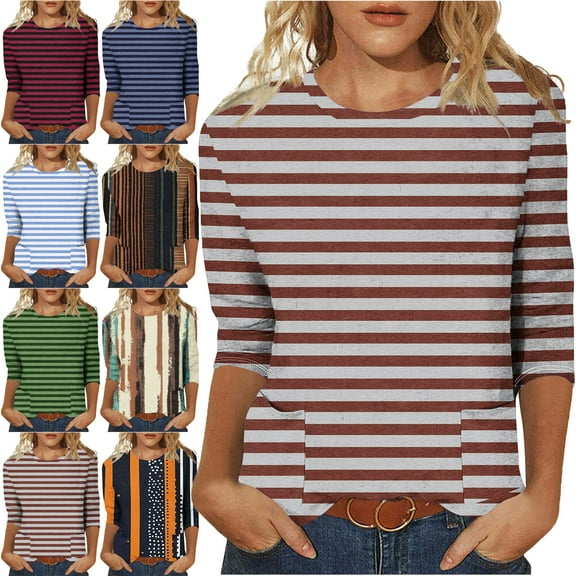 Lenago Womens Summer Tops 3/4 Sleeves Stripes Crew Neck T Shirt Fashion Loose Comfort Mid-Length Blouse Round Neck Casual Tops Vacation Everyday Costume Going,Beach,Shopping Shirt For Women (US:4-12)
