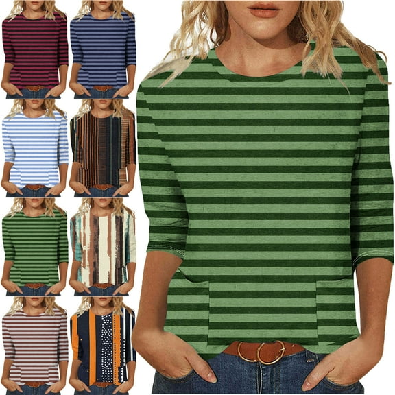 Lenago Womens Summer Tops 3/4 Sleeves Stripes Crew Neck T Shirt Fashion Loose Comfort Mid-Length Blouse Round Neck Casual Tops Vacation Everyday Costume Going,Beach,Shopping Shirt For Women (US:4-12)