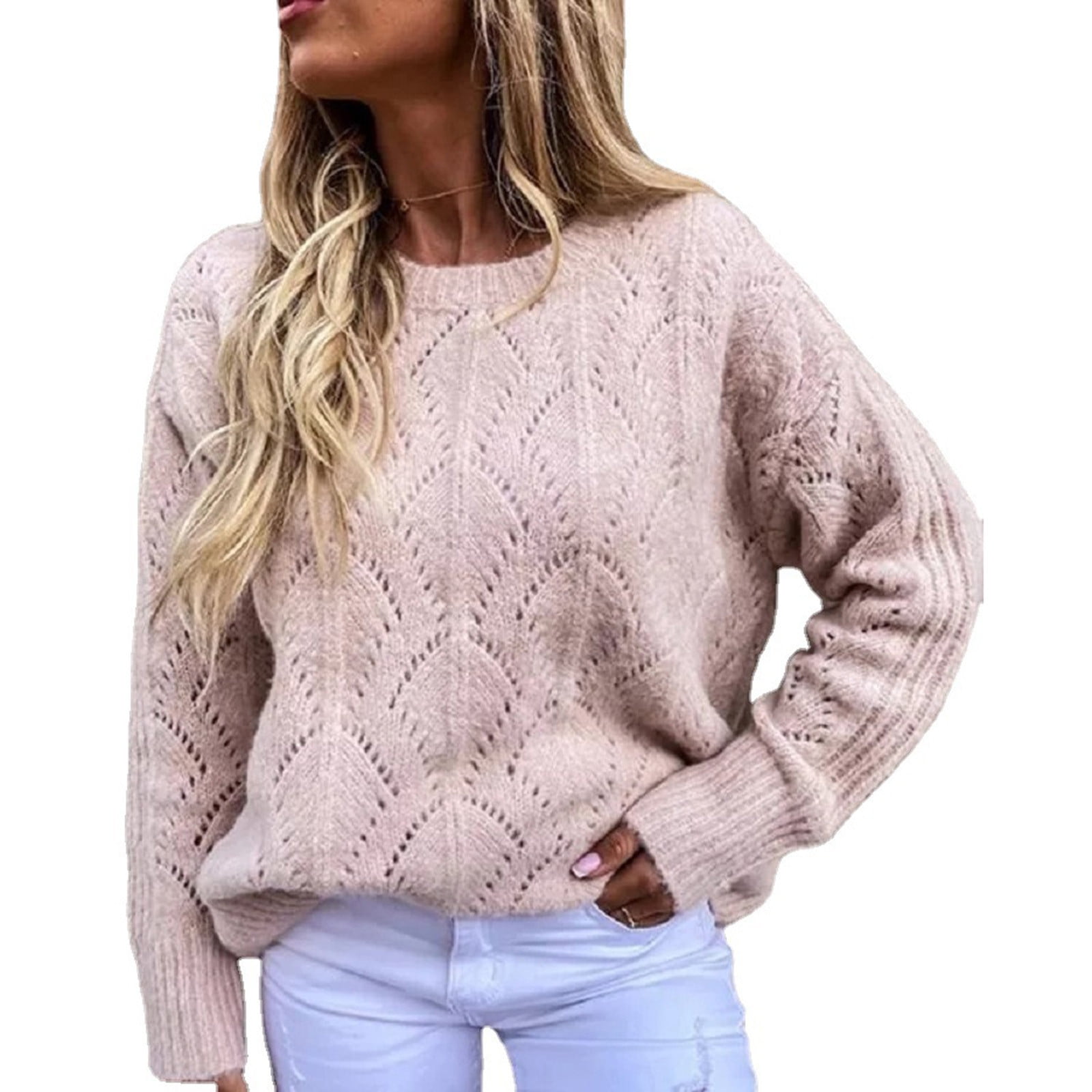 Lenago Womens Sweaters Plus Size Casual Round Neck Long Sleeved Knitted