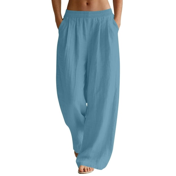Lenago Womens Sweatpants Cotton And Linen Casual Solid Color Loose Beach Straight Trousers Workout Jogging Blue S-3XL