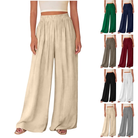 Lenago Womens Sweatpants Wide Leg Pocket Pants Solid Color Elastic Waist Loose Pleated Long Pants