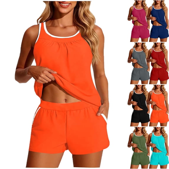 Lenago Womens Swimsuits Solid Color Conservative No Steel Backless Color Block Swimsuit Pocket Swim Shorts Two-Piece Swimsuit Set Swimsuits for Women