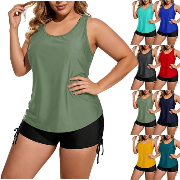 Lenago Womens Swimsuits Solid Color With Chest Cushion No Steel Support Loose Drawstring Split Swimsuit Set Two Piece Drawstring Bathing Suit